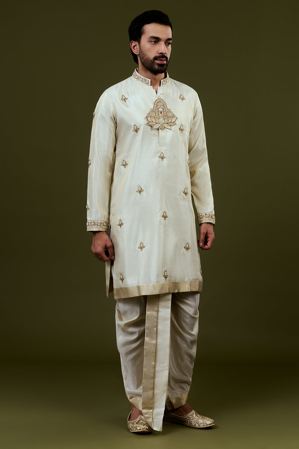 Light Cream Kurta Dhoti Set with Lotus Motif Embroidery on Neckline