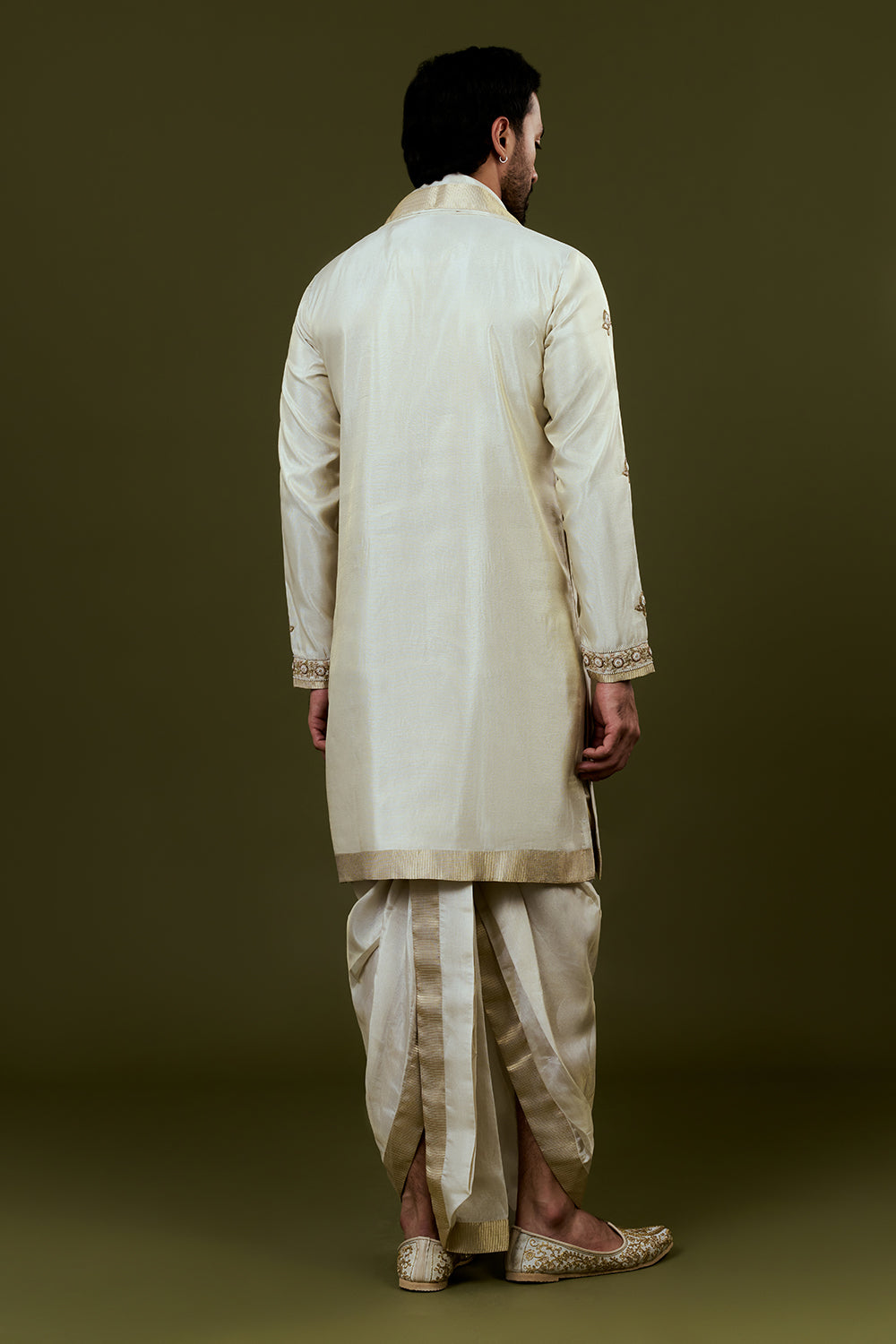 Light Cream Kurta Dhoti Set with Lotus Motif Embroidery on Neckline