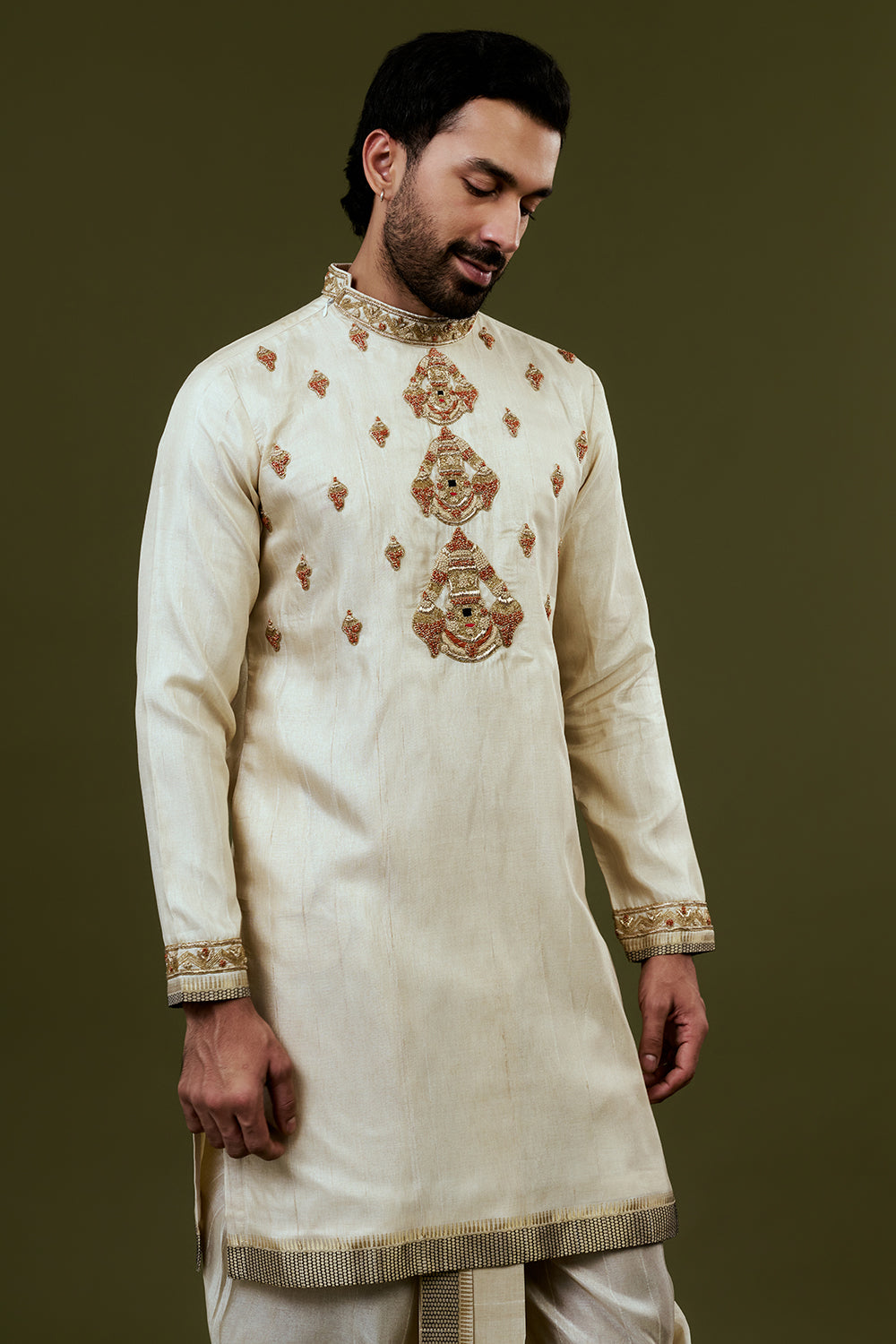 Light Cream Kurta Dhoti Set with Temple Motif Embroidery