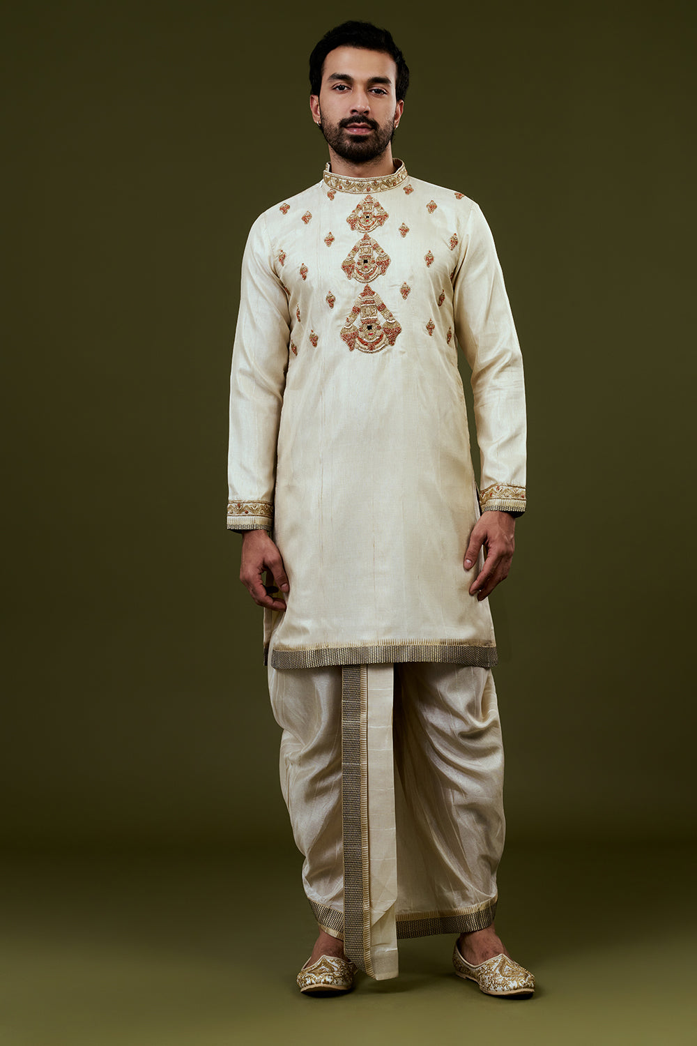 Light Cream Kurta Dhoti Set with Temple Motif Embroidery