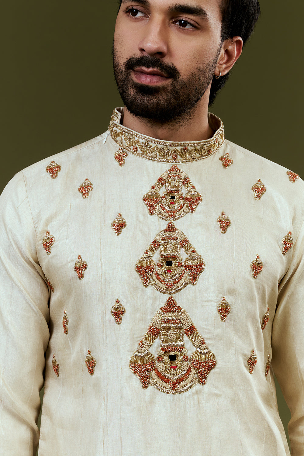 Light Cream Kurta Dhoti Set with Temple Motif Embroidery