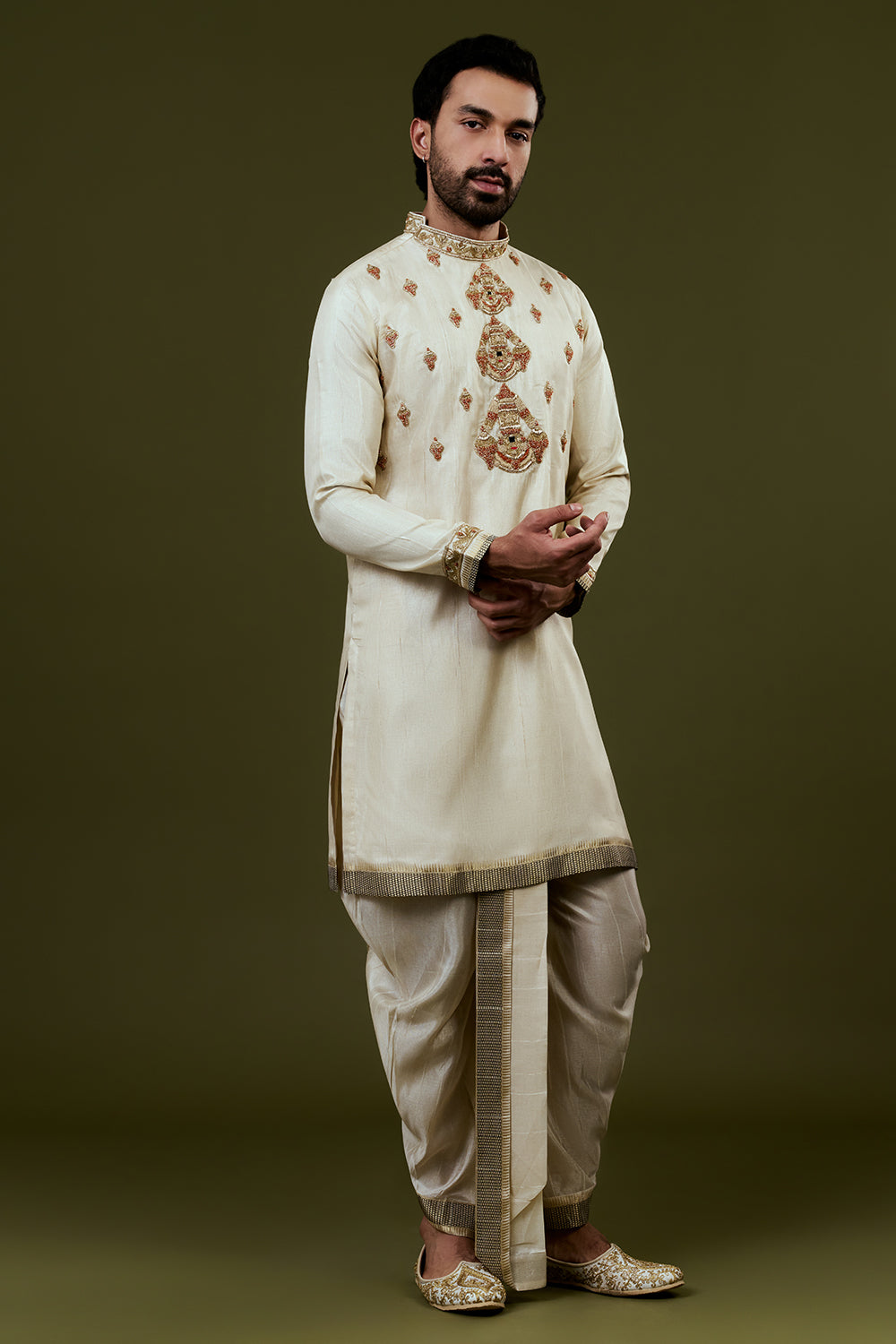 Light Cream Kurta Dhoti Set with Temple Motif Embroidery