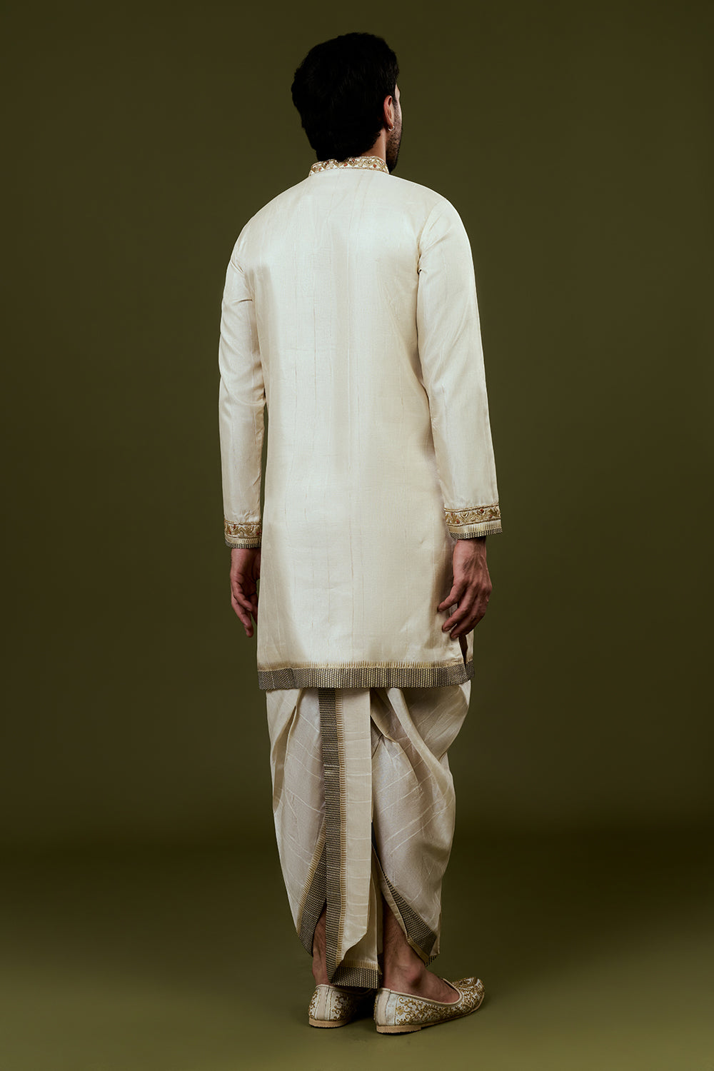 Light Cream Kurta Dhoti Set with Temple Motif Embroidery