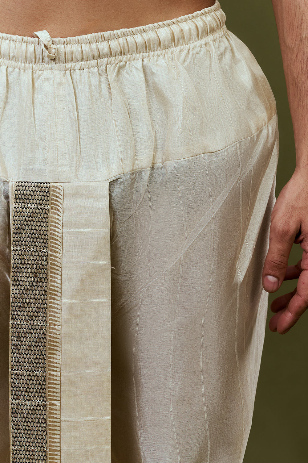 Light Cream Kurta Dhoti Set with Temple Motif Embroidery
