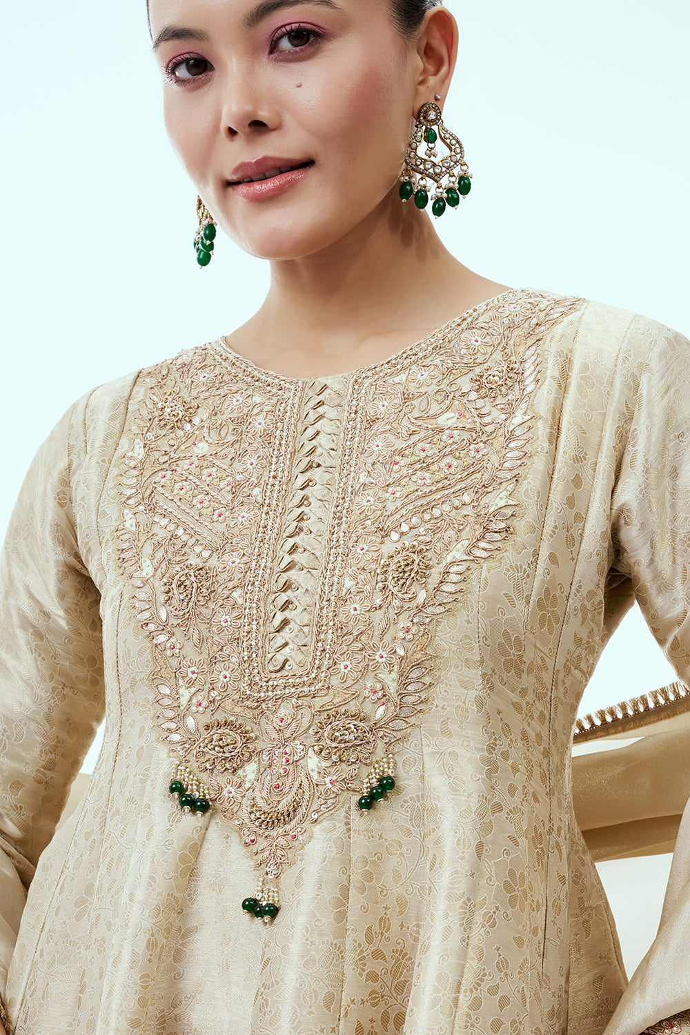 Light Gold Banarasi Brocade Peplum Palazzo Set with Zardosi Work