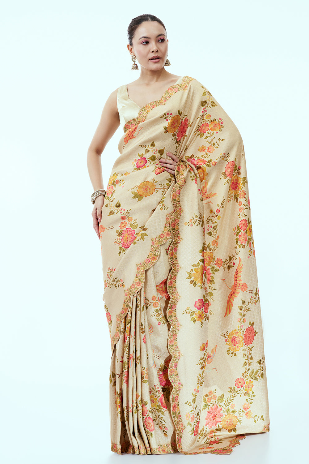 Light Gold Banarasi Brocade Silk Saree with Floral Print and Unstitched Blouse