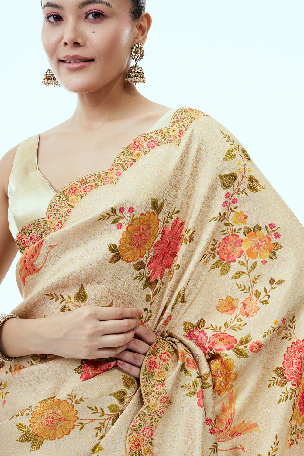 Light Gold Banarasi Brocade Silk Saree with Floral Print and Unstitched Blouse
