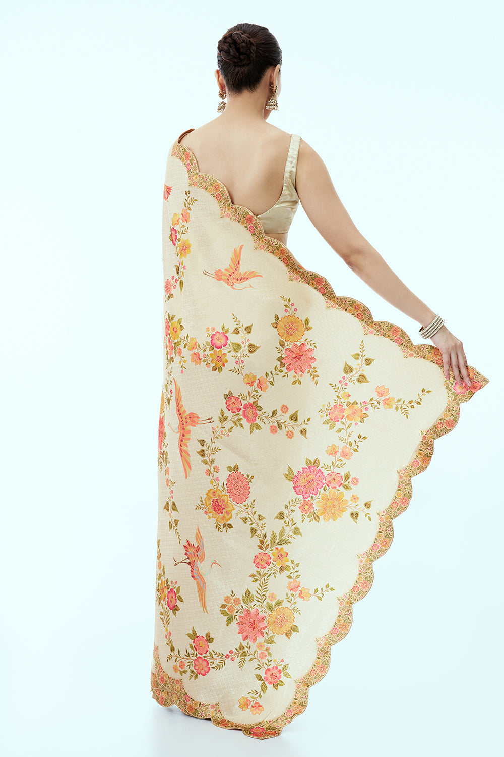 Light Gold Banarasi Brocade Silk Saree with Floral Print and Unstitched Blouse