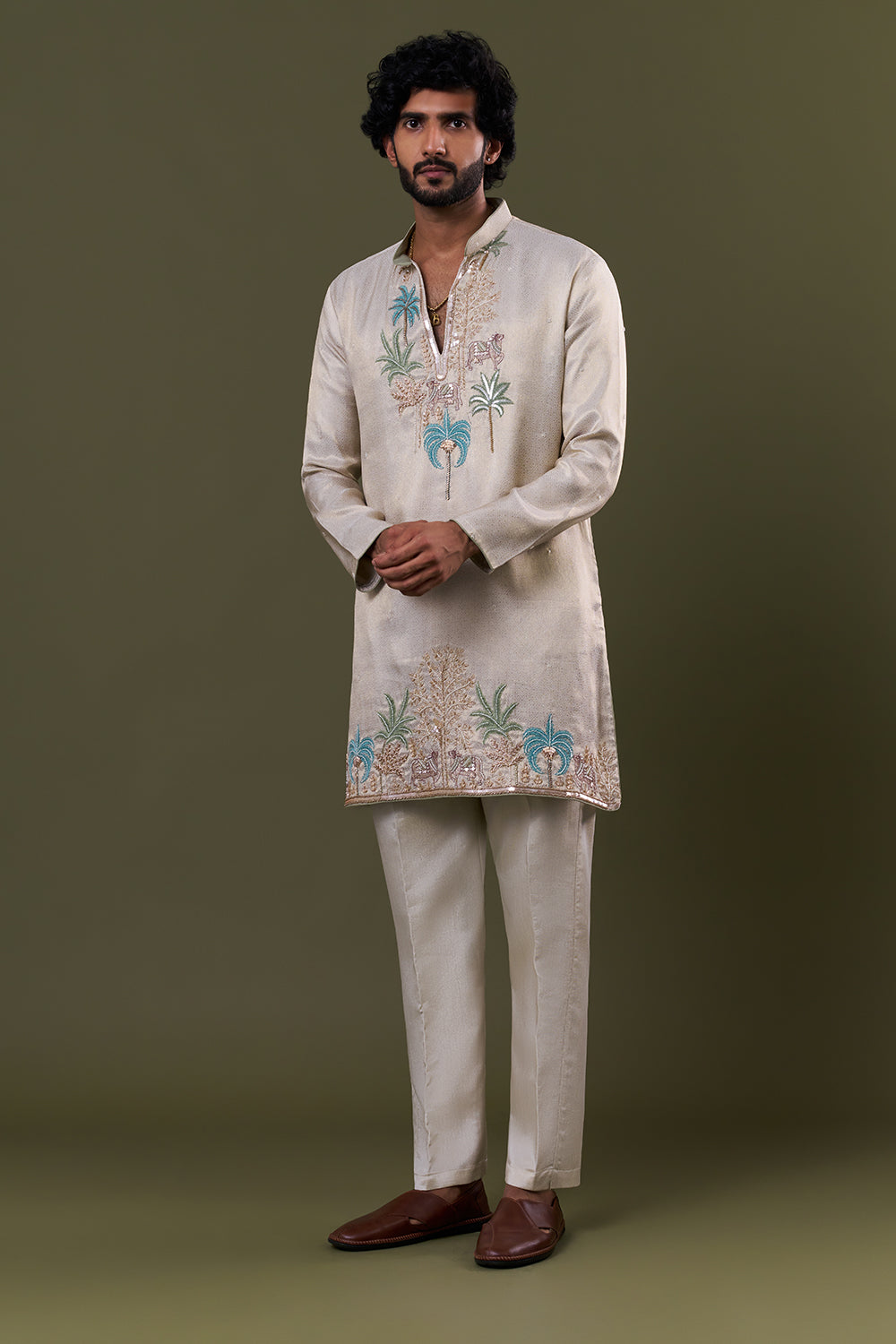 Light Gold Brocade Georgette Tropical Embellished Kurta Set
