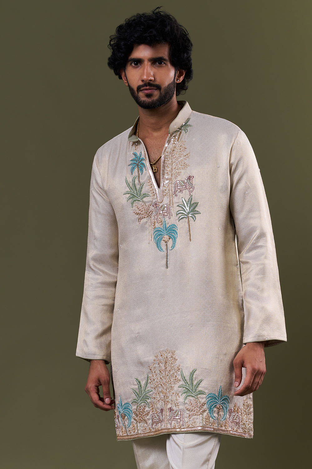Light Gold Brocade Georgette Tropical Embellished Kurta Set