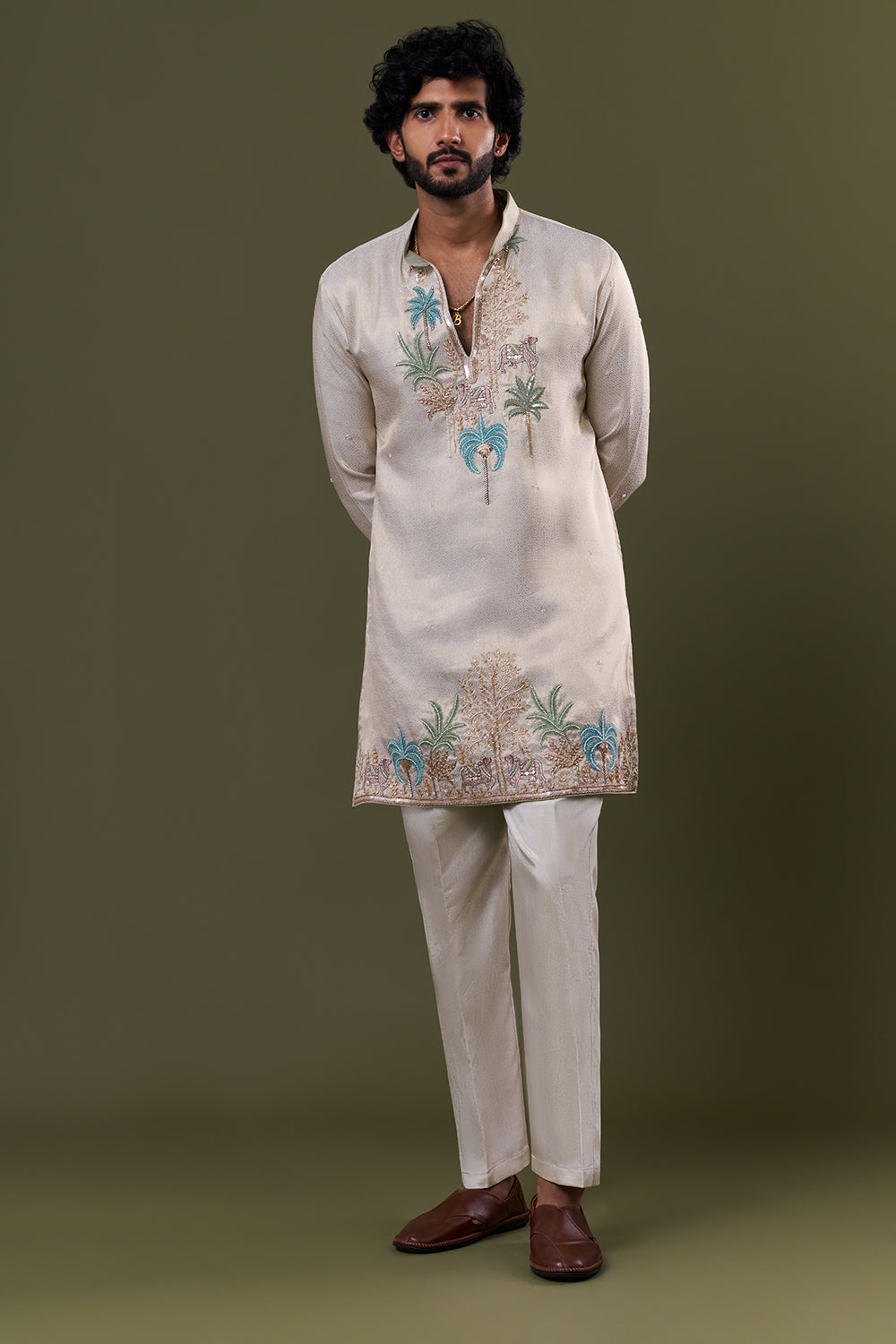 Light Gold Brocade Georgette Tropical Embellished Kurta Set