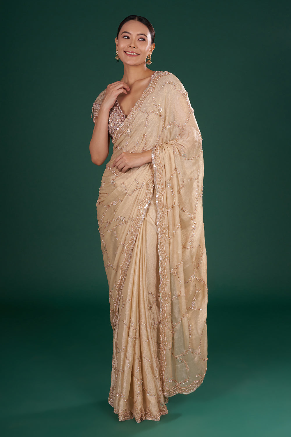 Light Gold Shimmer Crush Chiffon Saree with Cutdana Embroidery