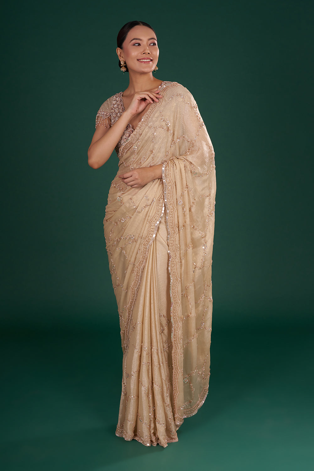 Light Gold Shimmer Crush Chiffon Saree with Cutdana Embroidery