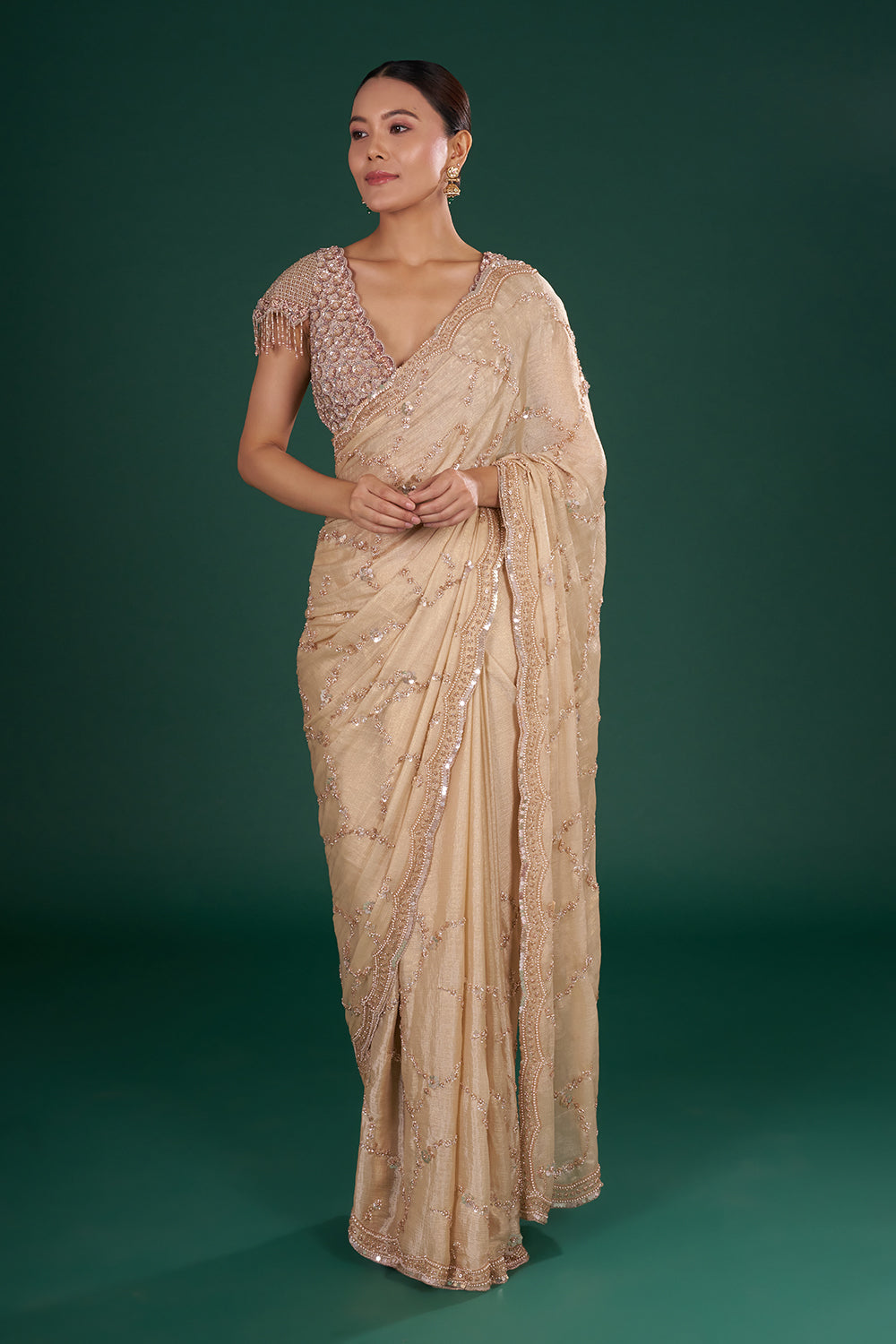 Light Gold Shimmer Crush Chiffon Saree with Cutdana Embroidery