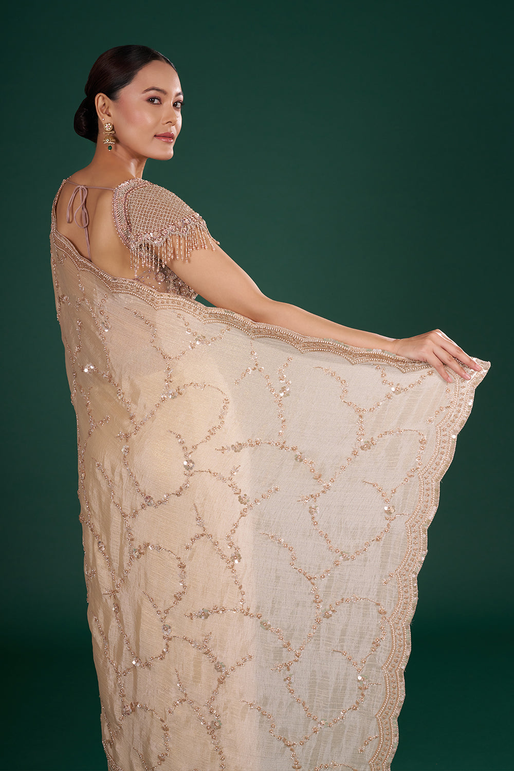 Light Gold Shimmer Crush Chiffon Saree with Cutdana Embroidery