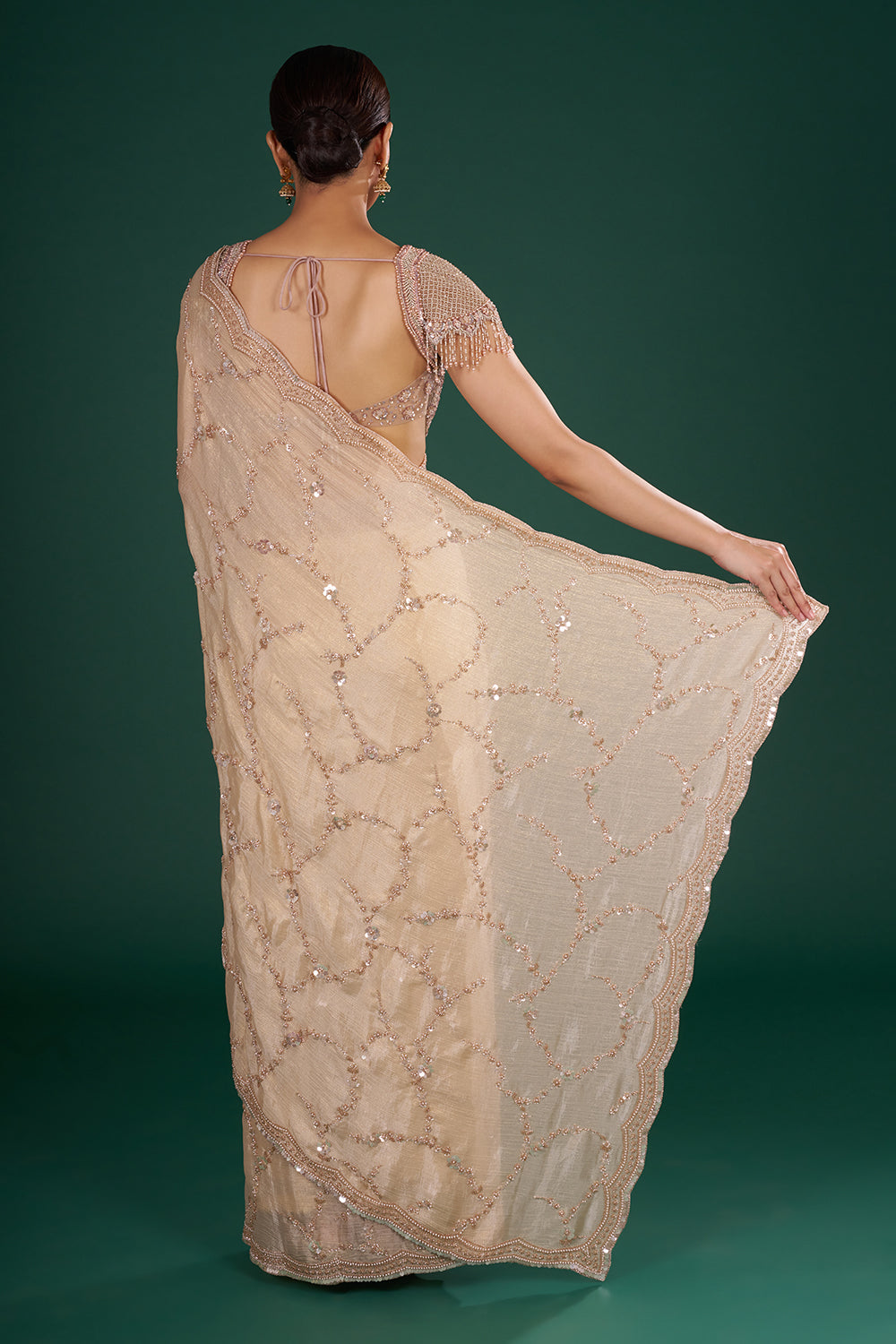 Light Gold Shimmer Crush Chiffon Saree with Cutdana Embroidery