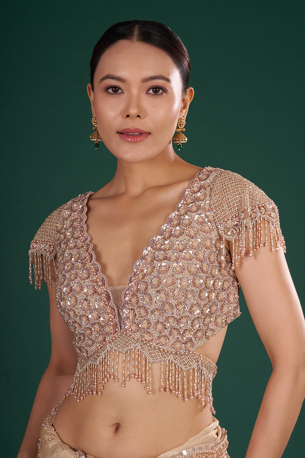 Light Gold Shimmer Crush Chiffon Saree with Cutdana Embroidery
