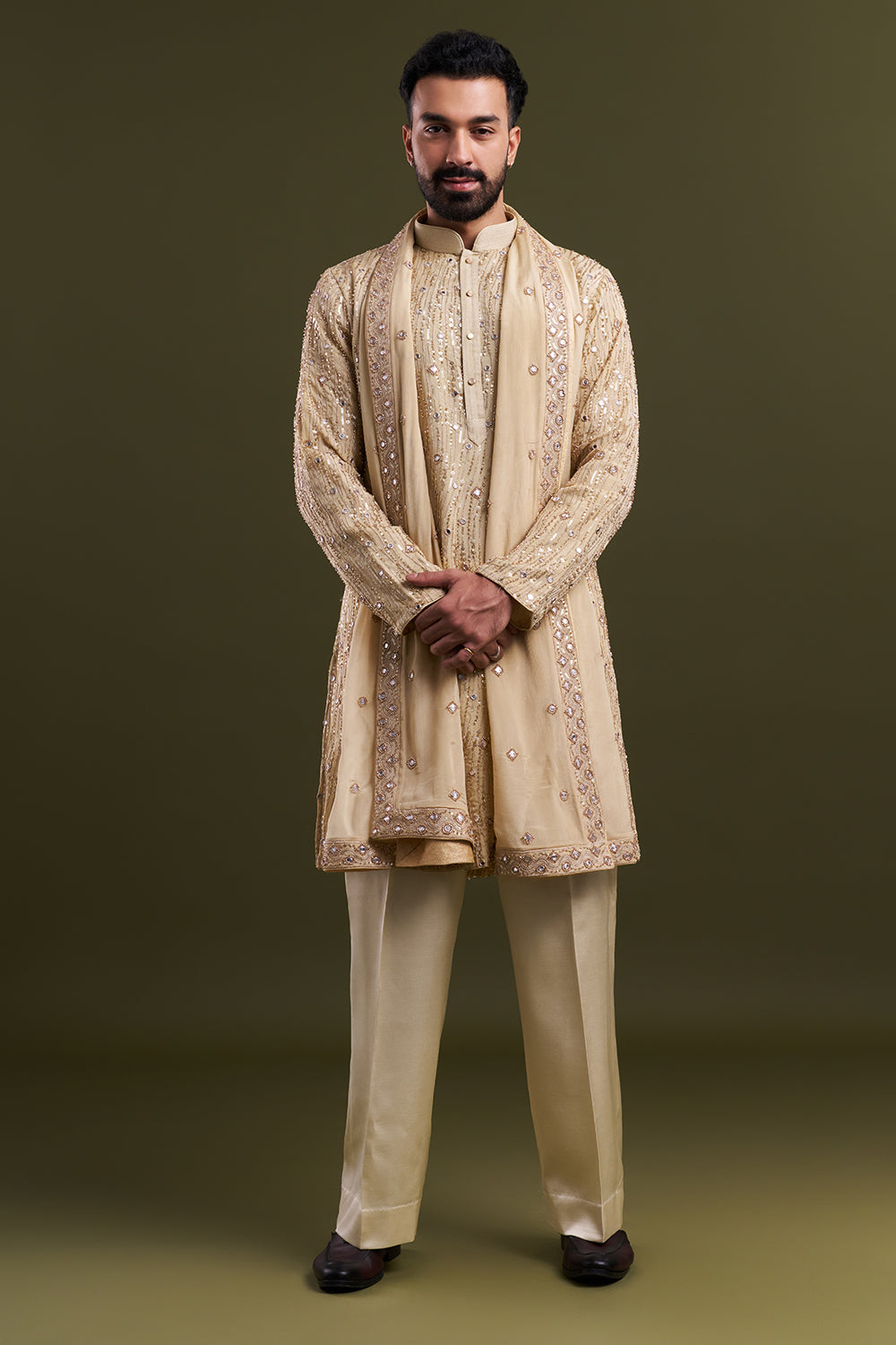 Light Gold Georgette Embellished Men’s Kurta Set