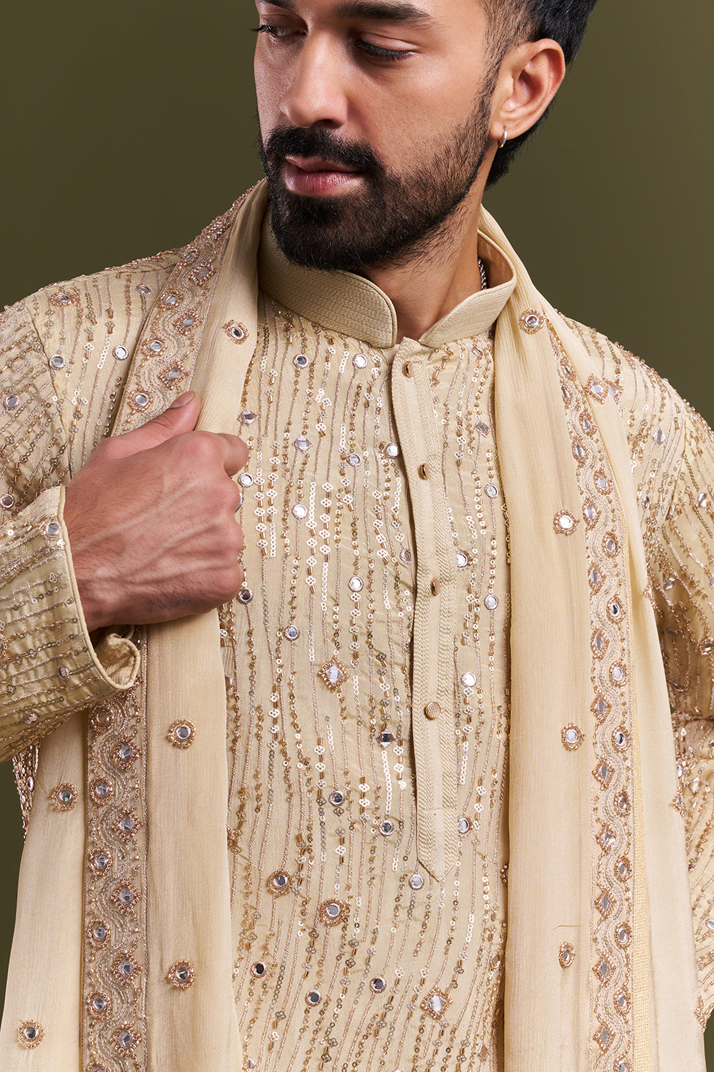 Light Gold Georgette Embellished Men’s Kurta Set