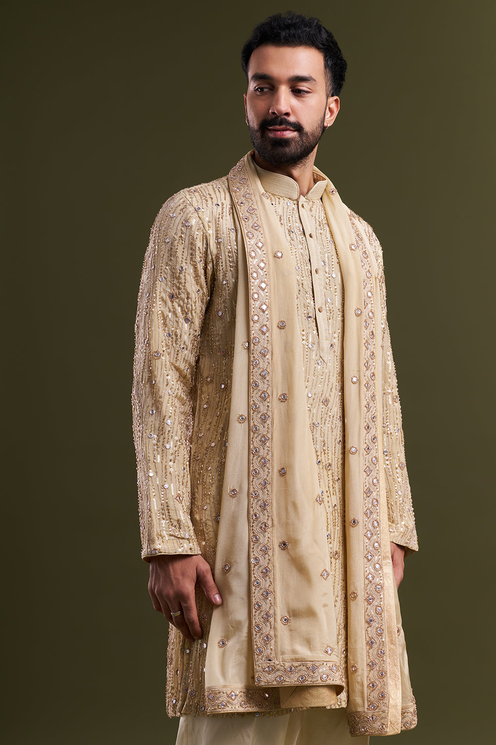 Light Gold Georgette Embellished Men’s Kurta Set