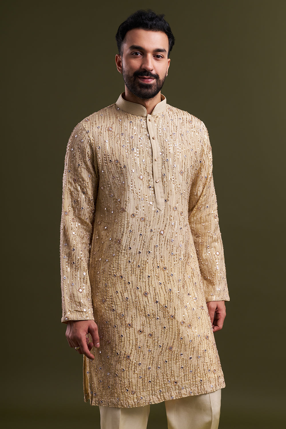 Light Gold Georgette Embellished Men’s Kurta Set