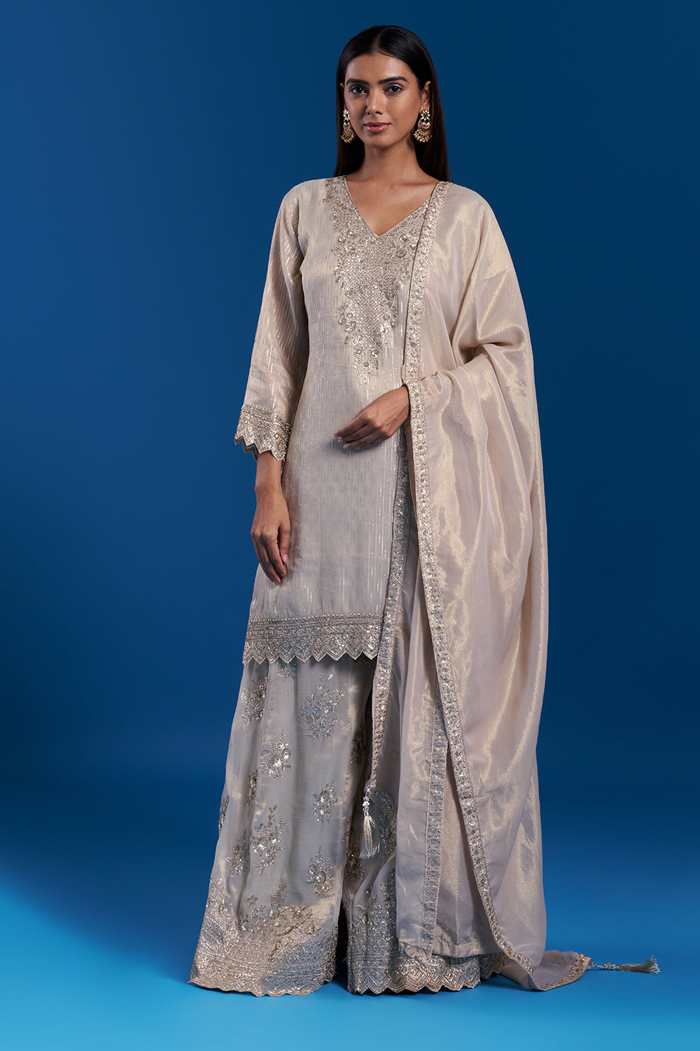 Light Gold Kurta Sharara Set with Zardozi Work