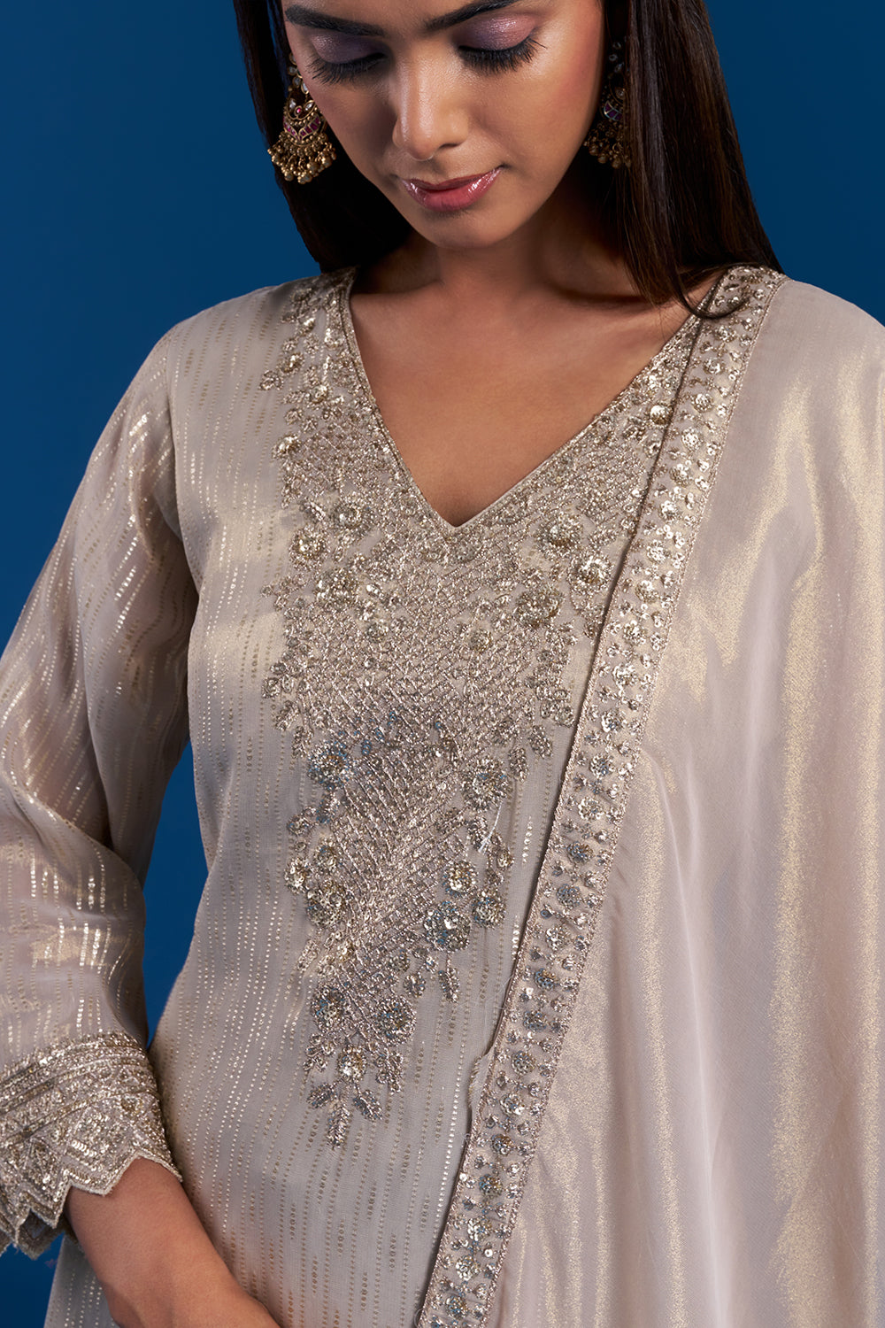 Light Gold Kurta Sharara Set with Zardozi Work