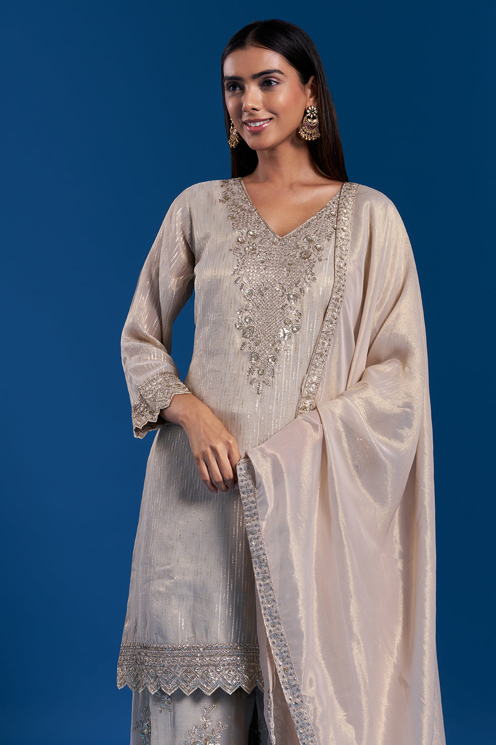 Light Gold Kurta Sharara Set with Zardozi Work