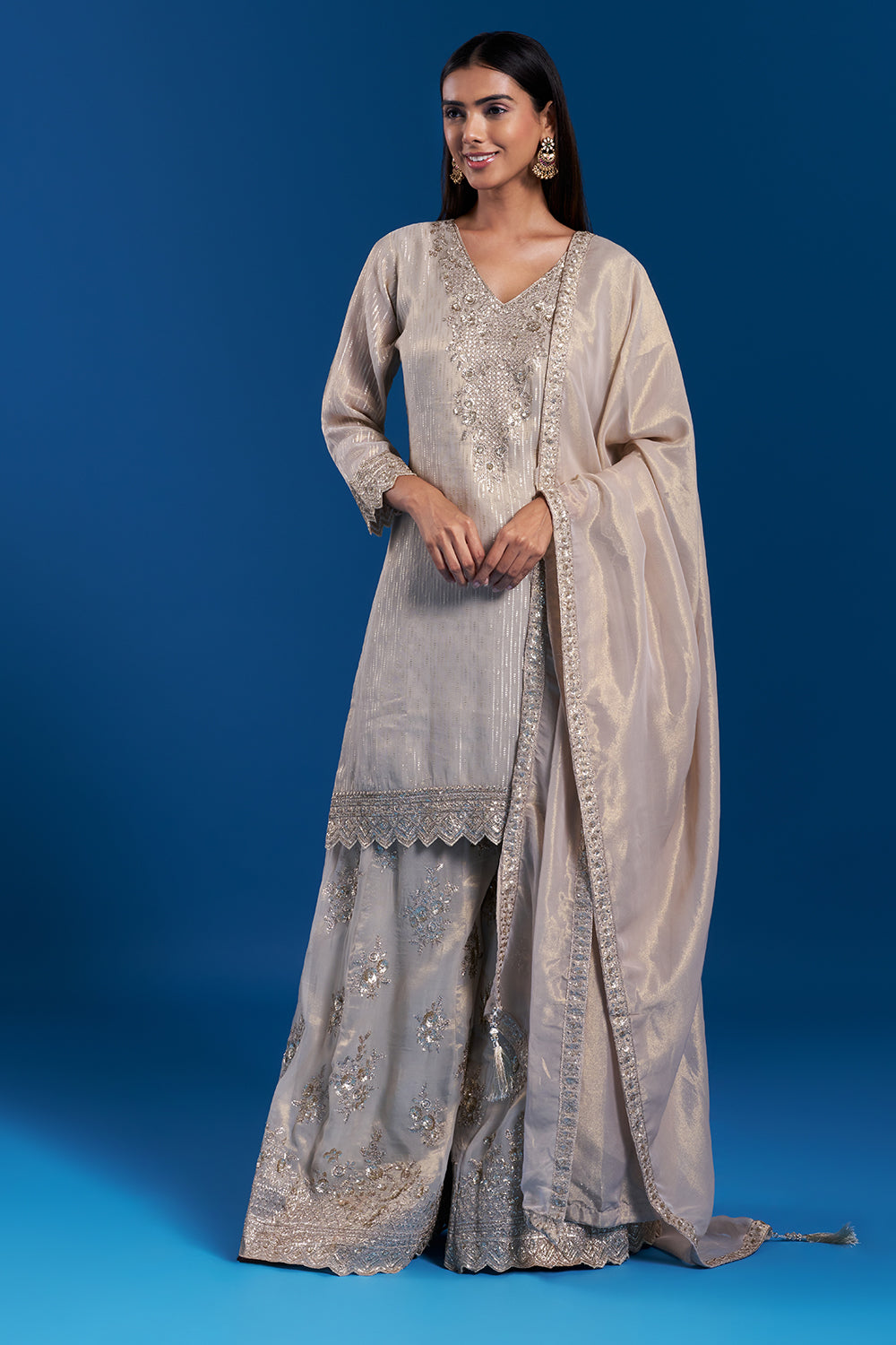 Light Gold Kurta Sharara Set with Zardozi Work