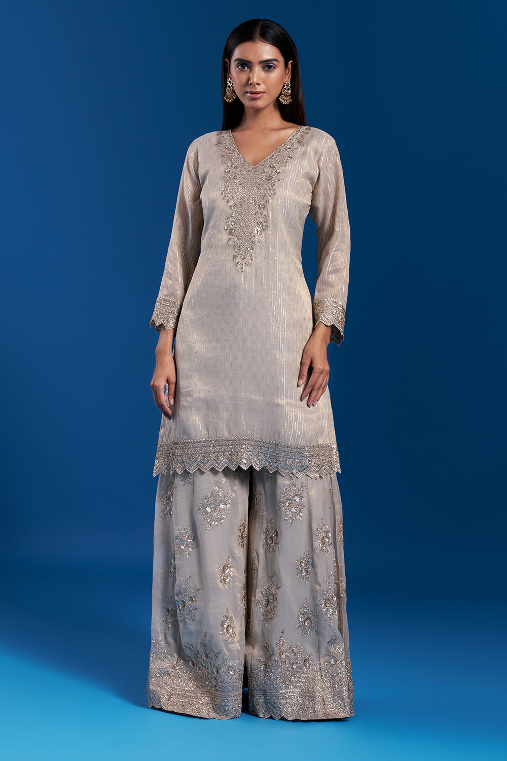 Light Gold Kurta Sharara Set with Zardozi Work