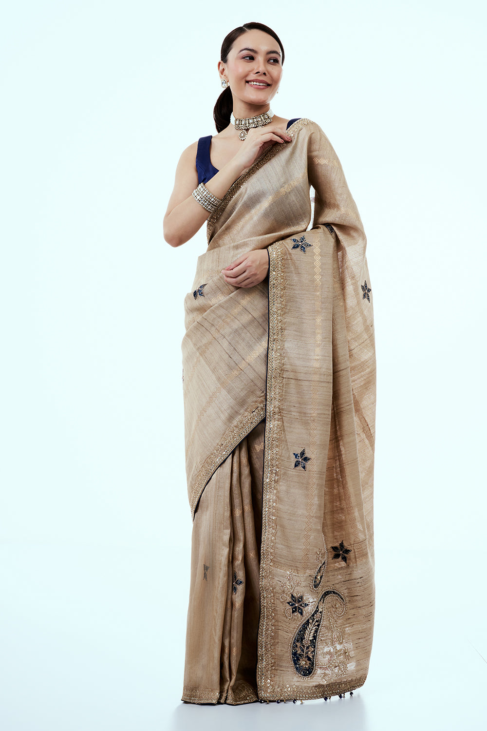 Light Gold Matka Silk Saree with Gota Patti Work