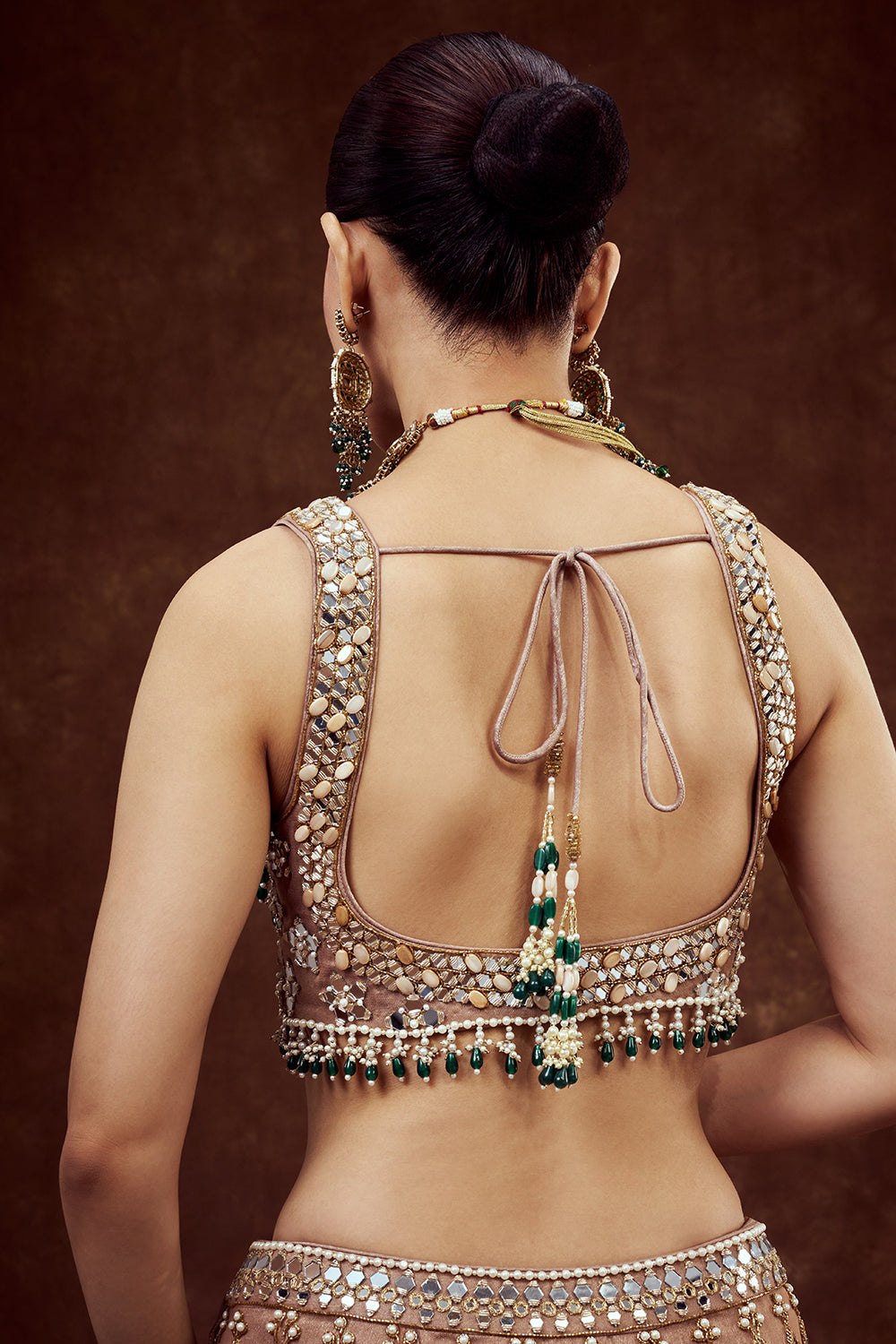 Light Gold Net Bridal Lehenga with Mirror Embroidery
