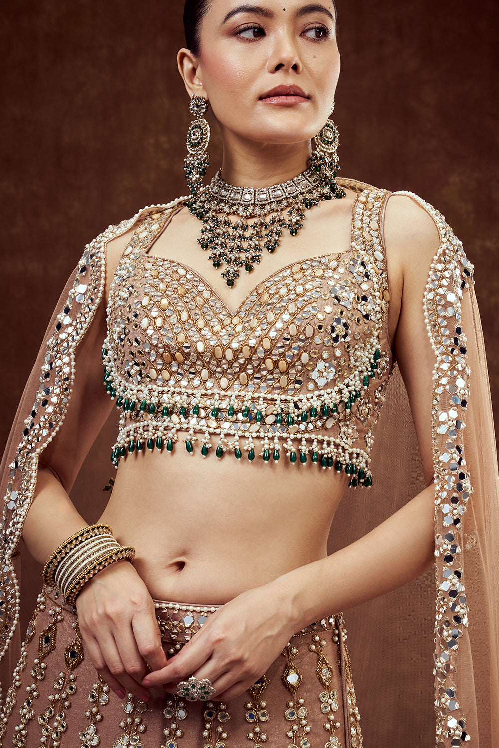 Light Gold Net Bridal Lehenga with Mirror Embroidery