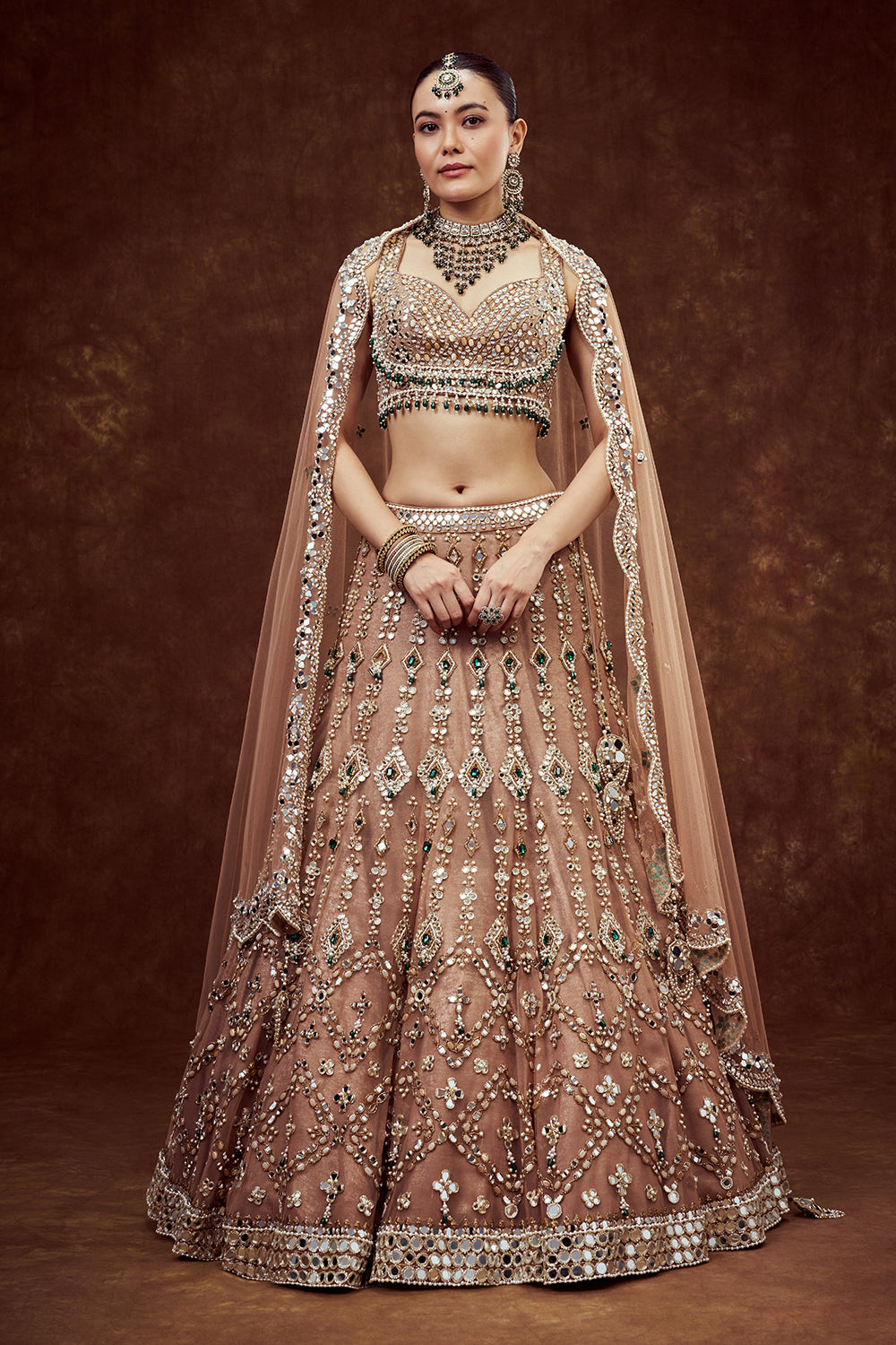 Light Gold Net Bridal Lehenga with Mirror Embroidery