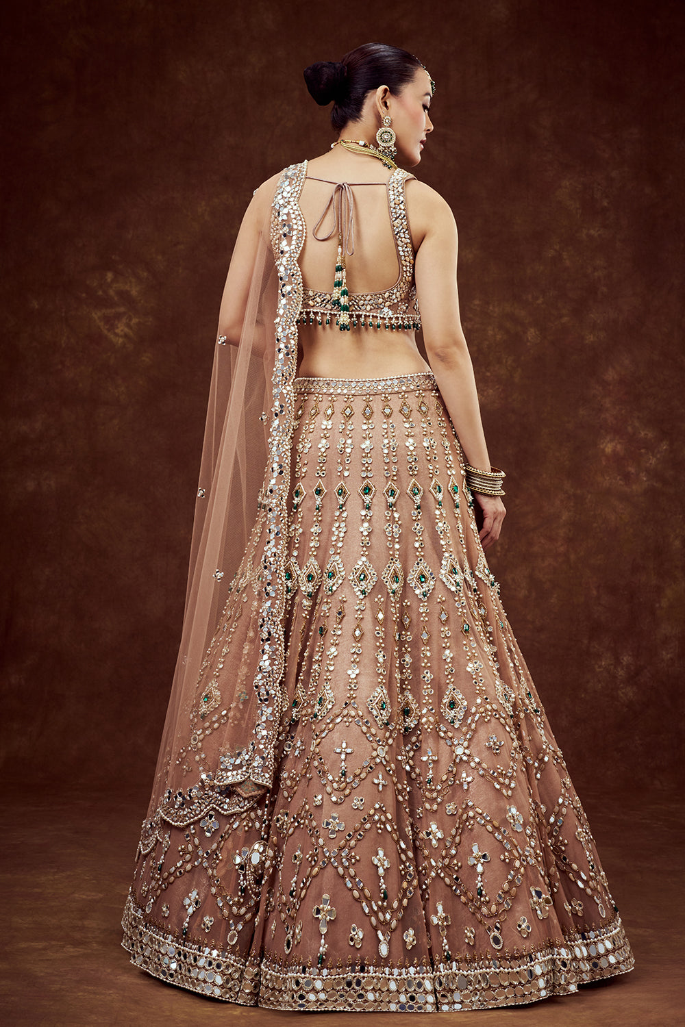 Light Gold Net Bridal Lehenga with Mirror Embroidery