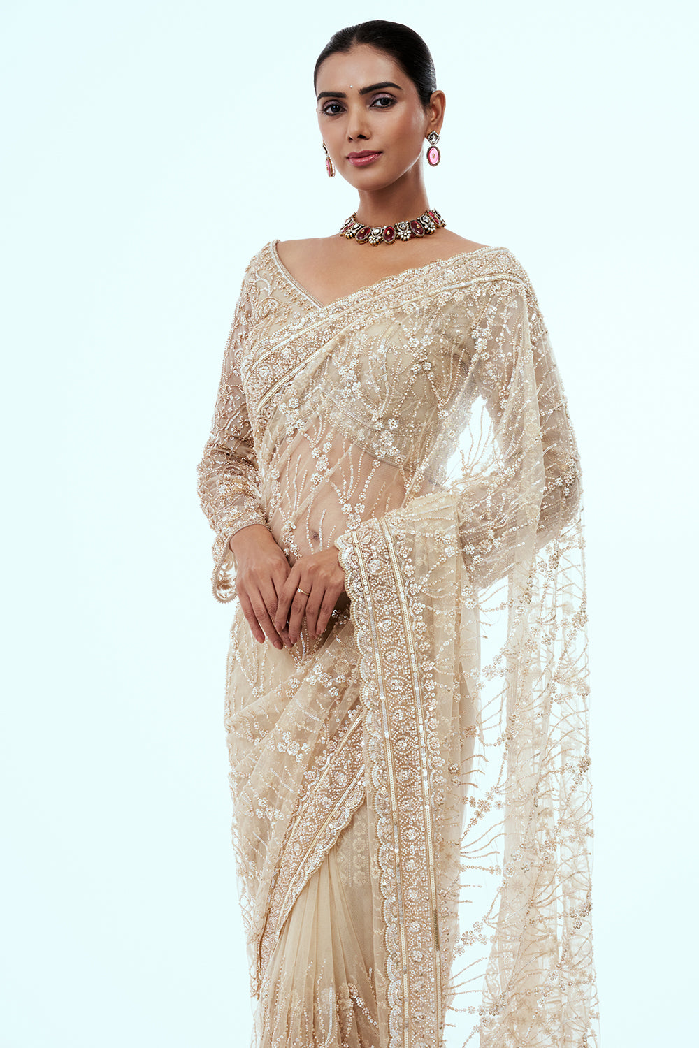 Light Gold Net Embellished Saree with Resham Work