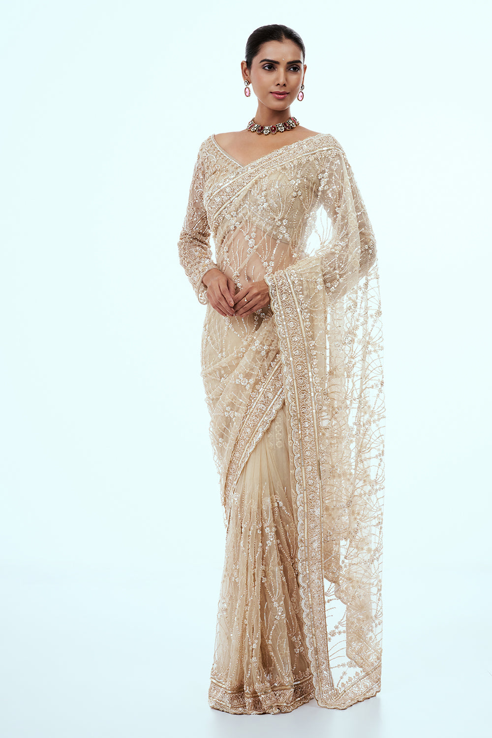 Light Gold Net Embellished Saree with Resham Work