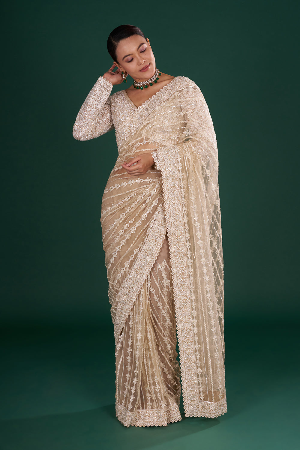 Light Gold Net Saree with Sequin Embroidery and Stitched Blouse