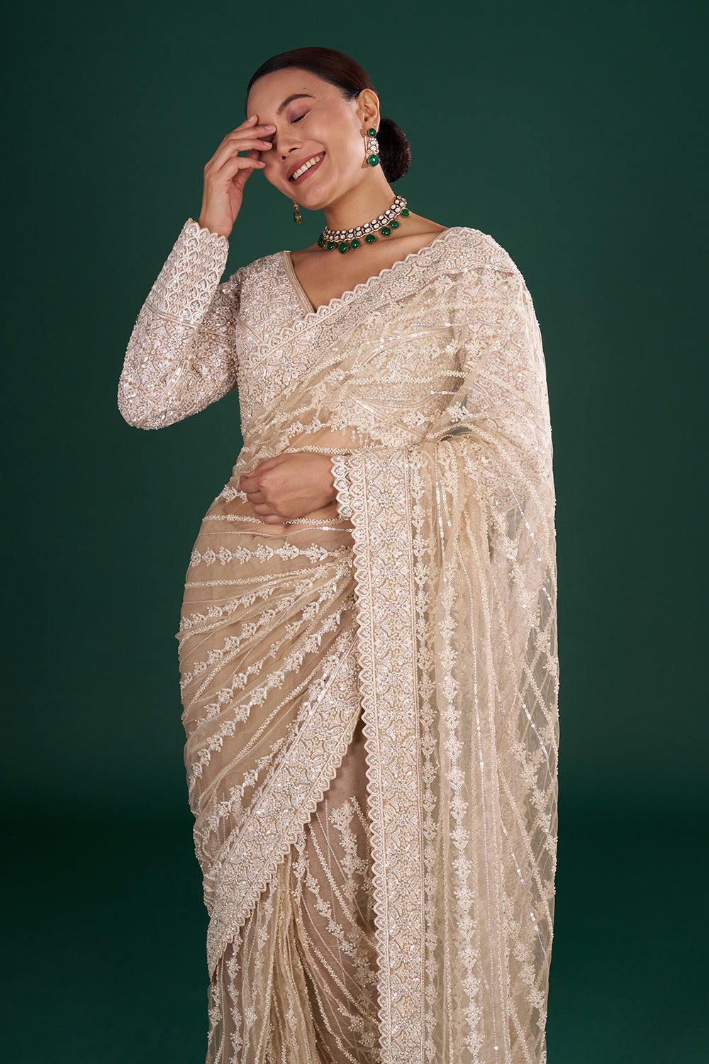 Light Gold Net Saree with Sequin Embroidery and Stitched Blouse