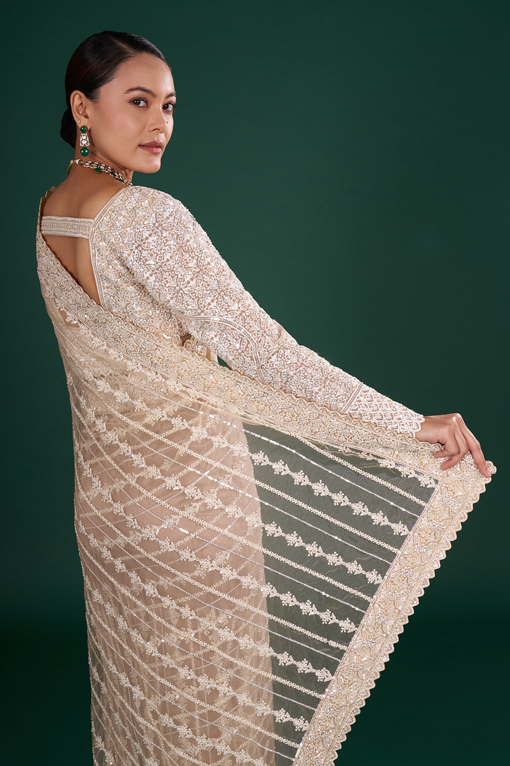 Light Gold Net Saree with Sequin Embroidery and Stitched Blouse