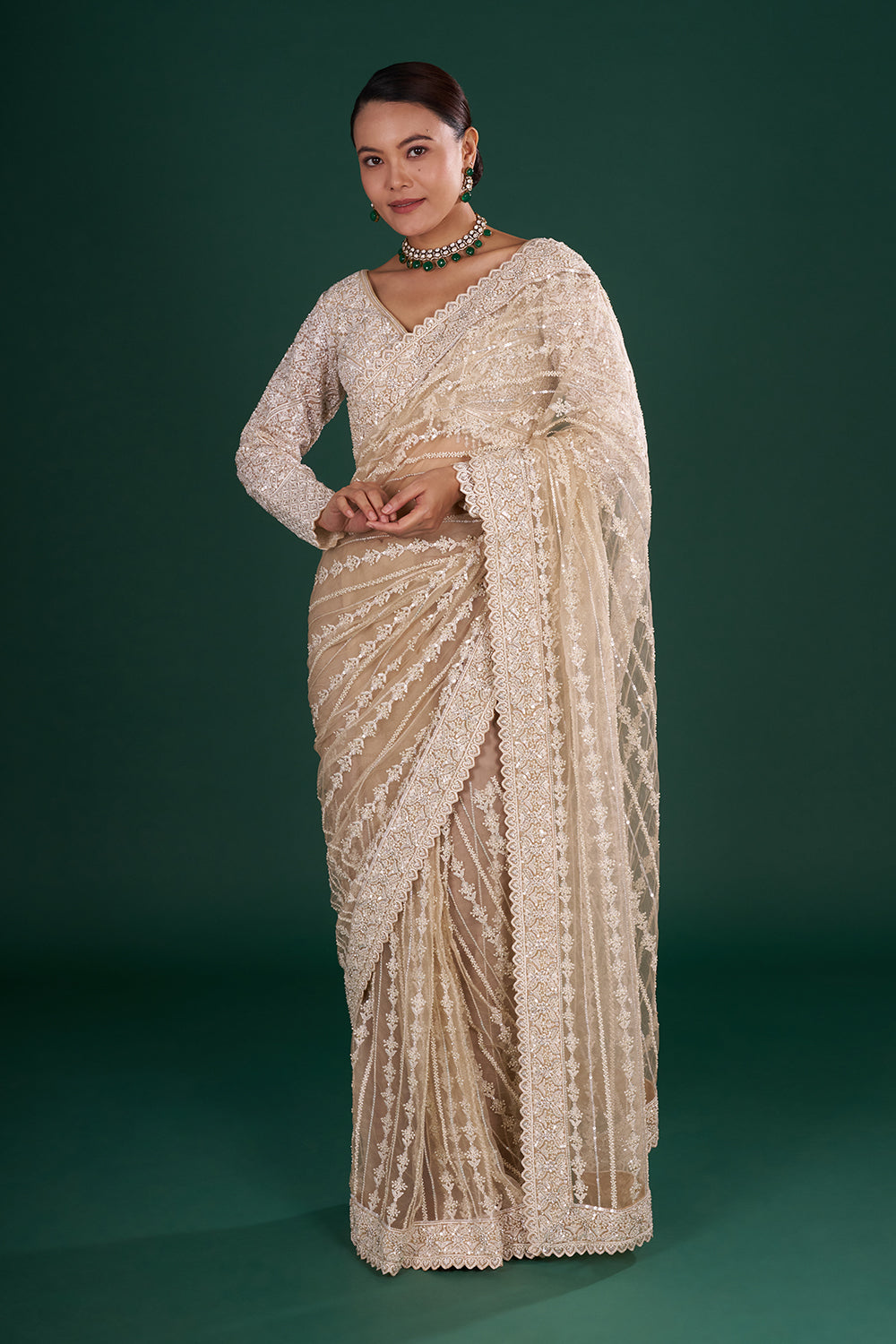 Light Gold Net Saree with Sequin Embroidery and Stitched Blouse