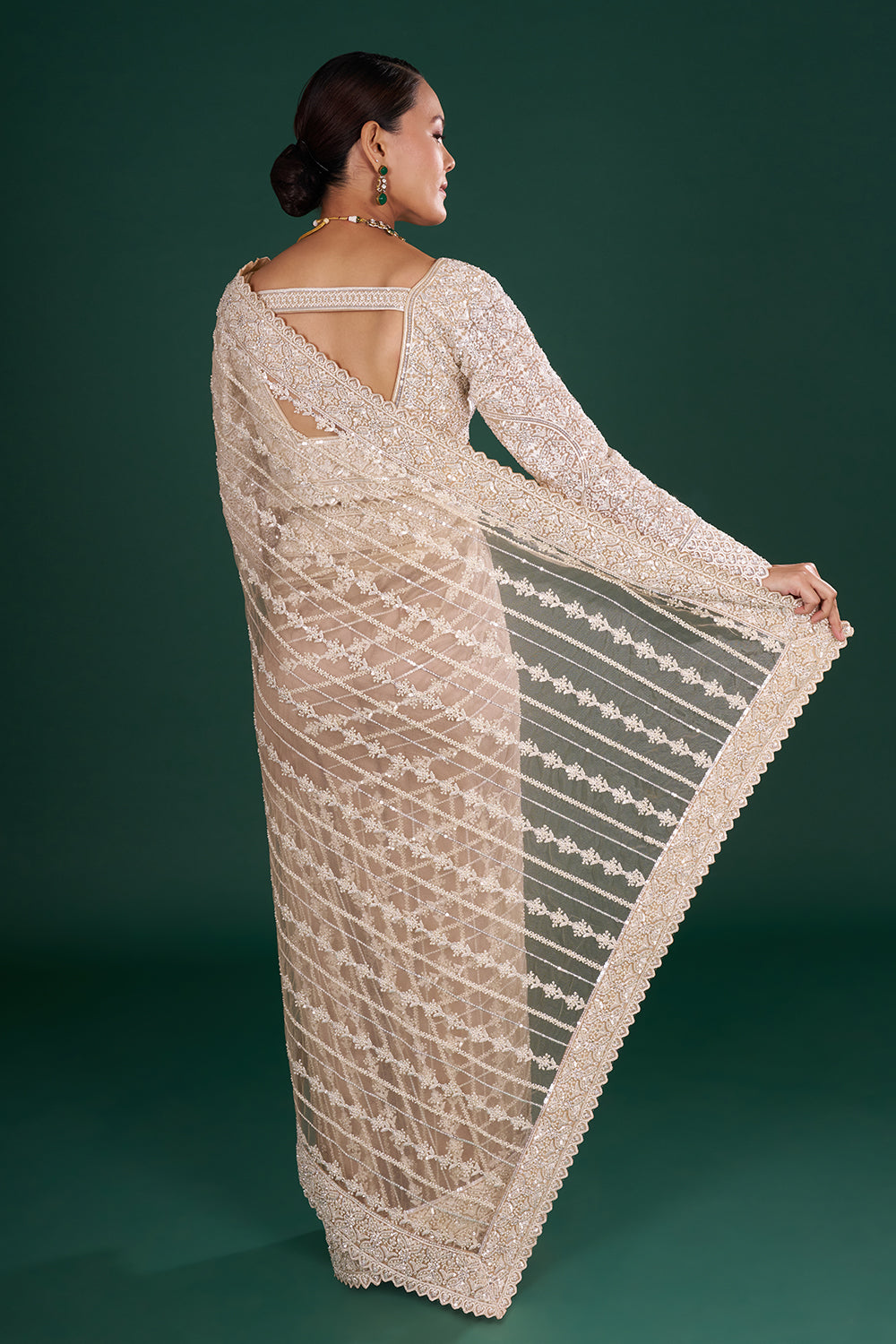 Light Gold Net Saree with Sequin Embroidery and Stitched Blouse