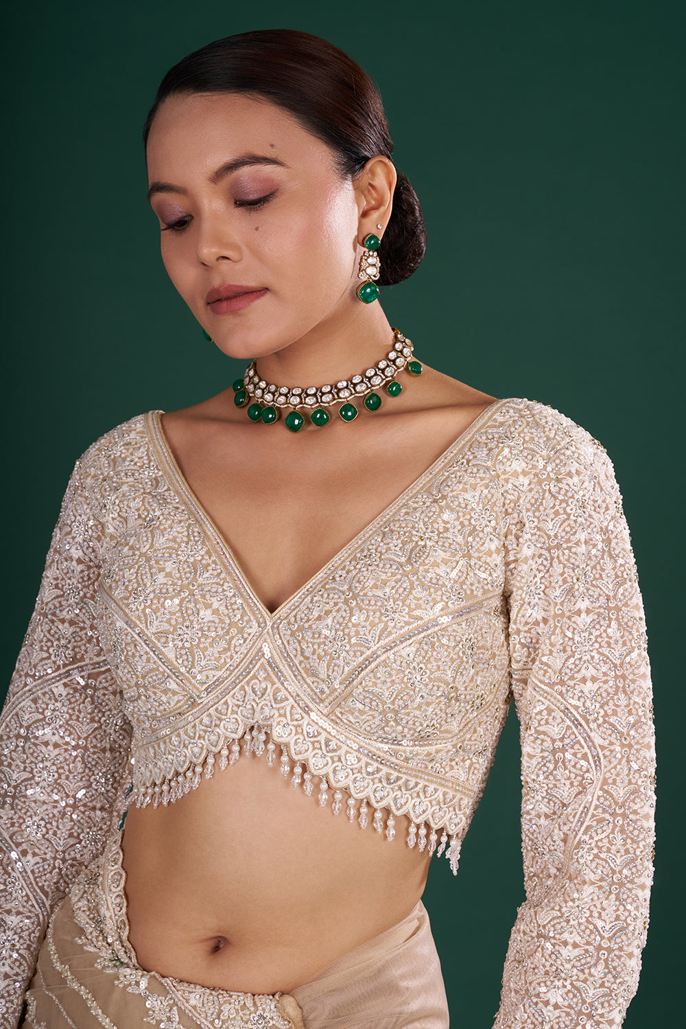 Light Gold Net Saree with Sequin Embroidery and Stitched Blouse