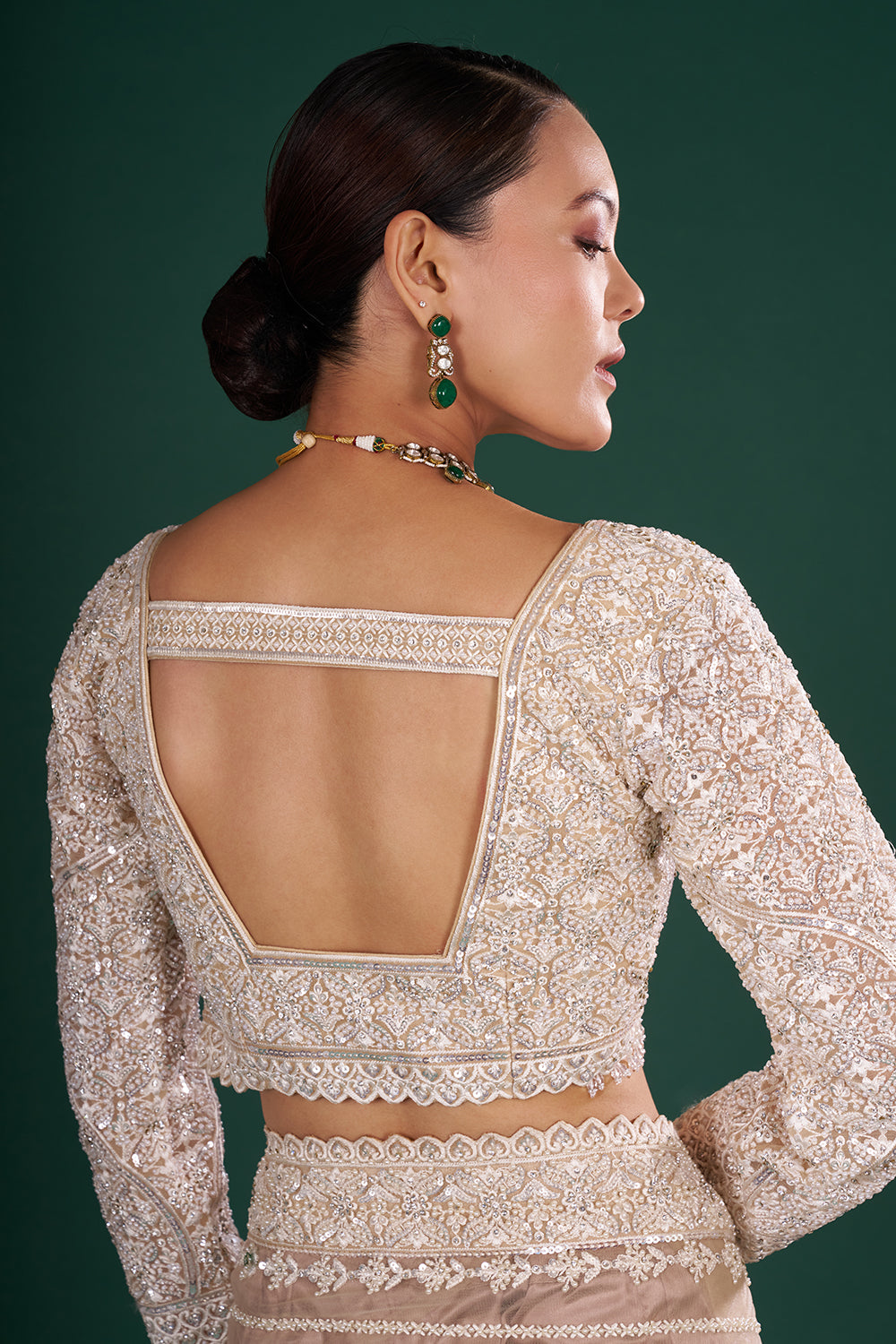 Light Gold Net Saree with Sequin Embroidery and Stitched Blouse