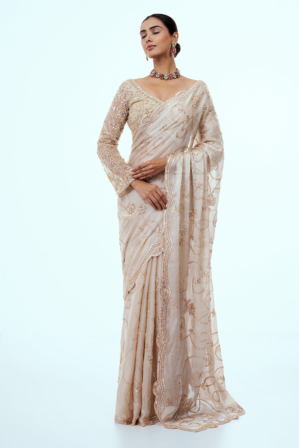 Light Gold Shimmer Organza Saree with Zari Work