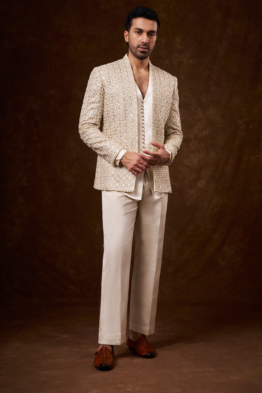 Light Gold Shimmer Satin Men's Indo-Western Set with Mirror Work