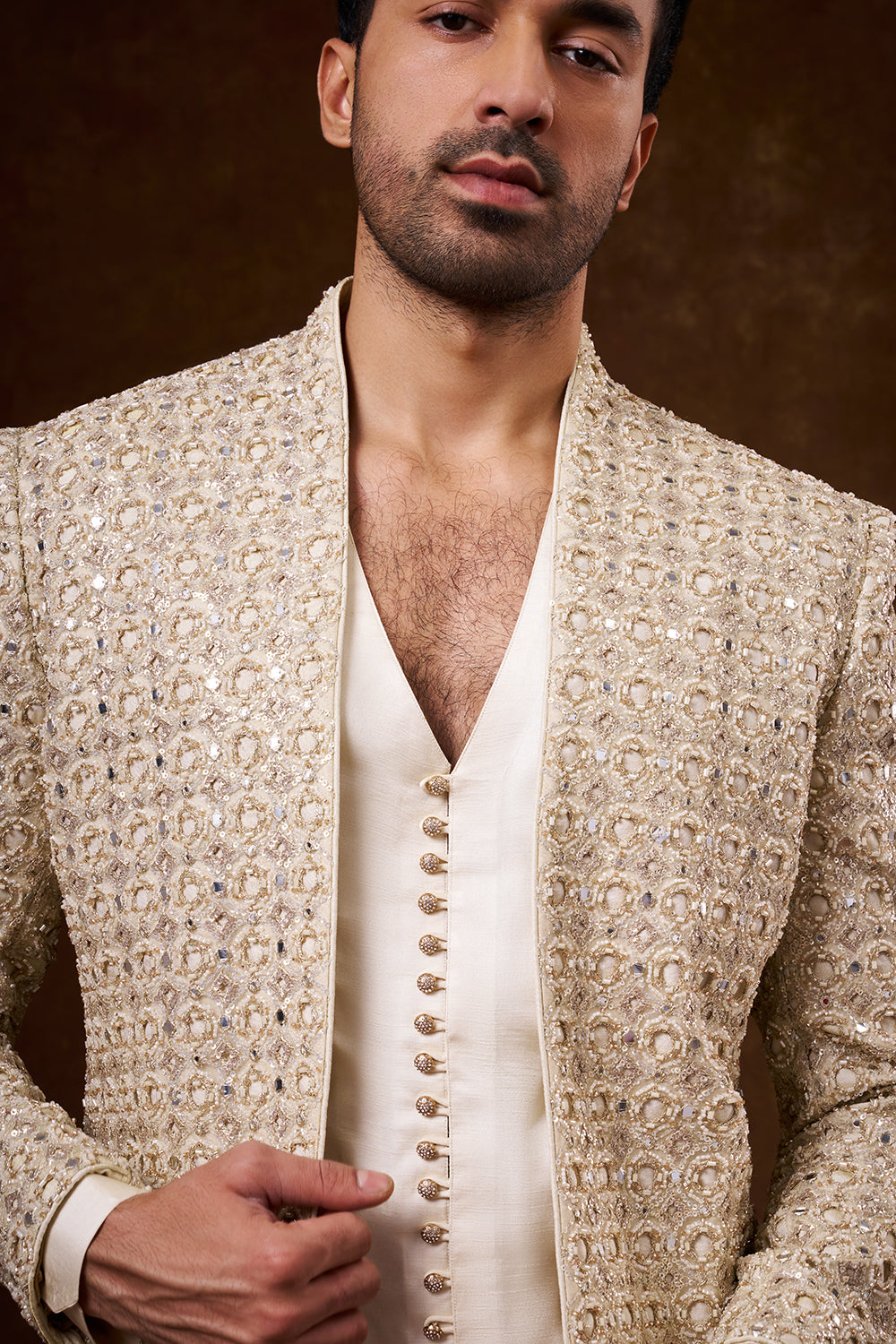 Light Gold Shimmer Satin Men's Indo-Western Set with Mirror Work