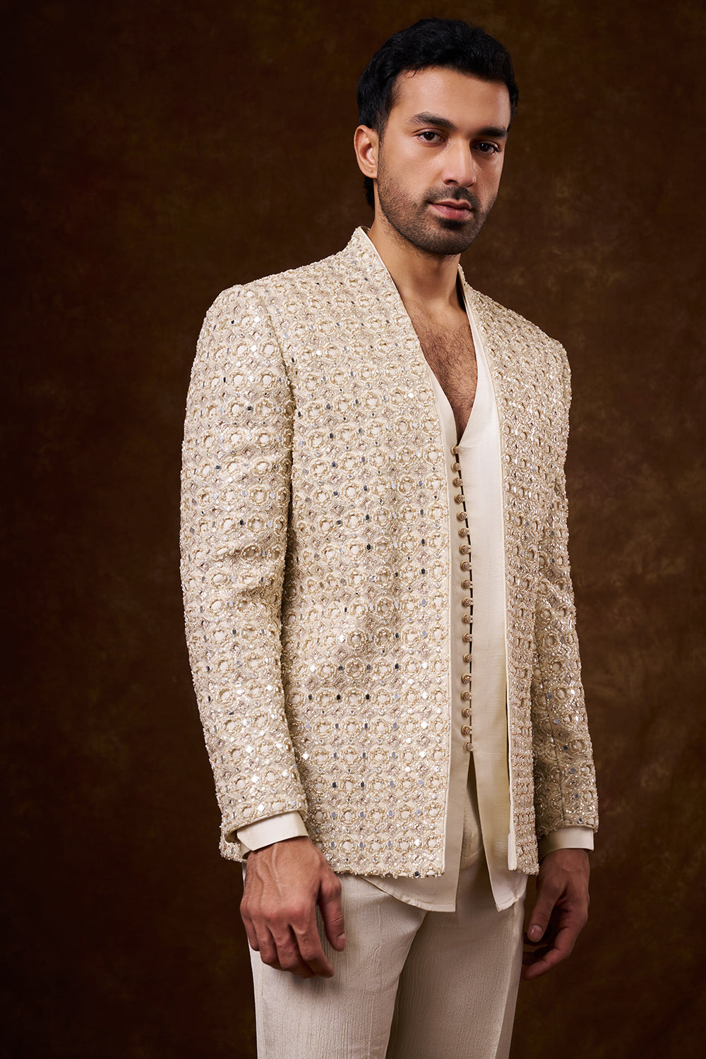 Light Gold Shimmer Satin Men's Indo-Western Set with Mirror Work