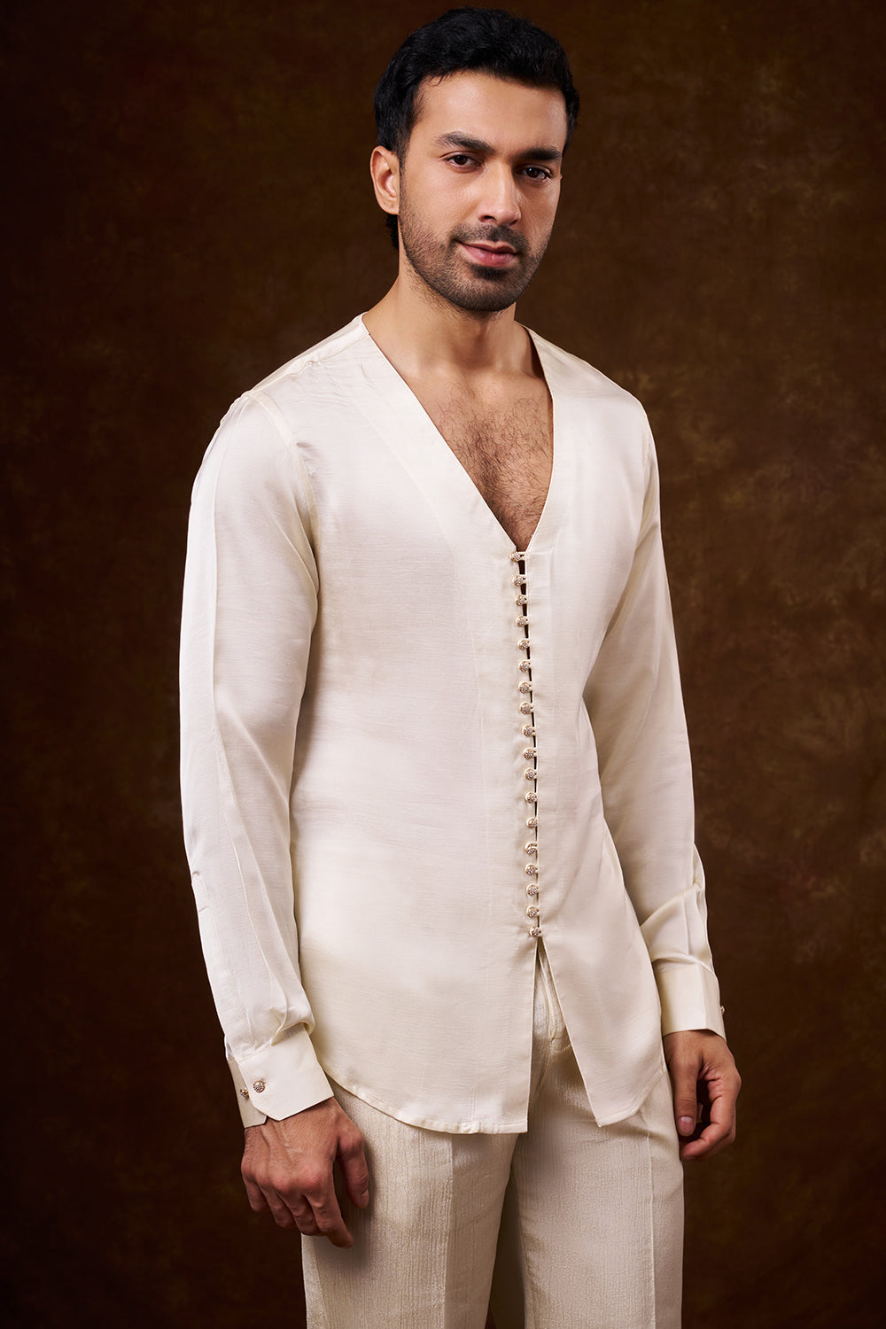 Light Gold Shimmer Satin Men's Indo-Western Set with Mirror Work