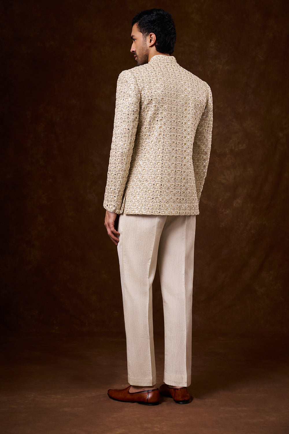Light Gold Shimmer Satin Men's Indo-Western Set with Mirror Work